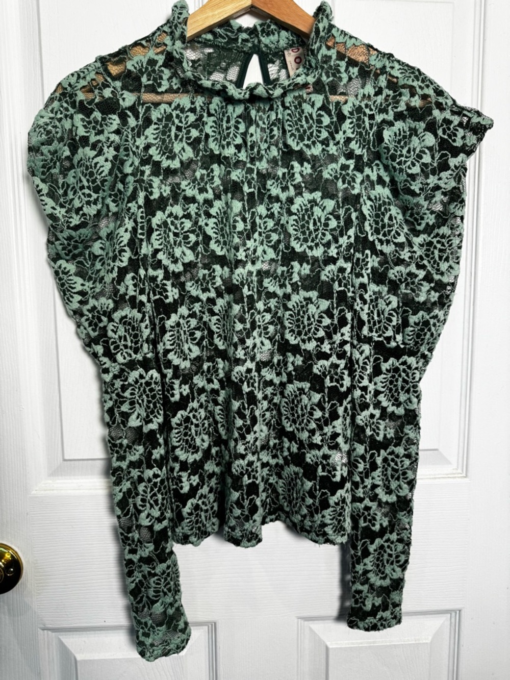 Anthropologie Dolan Lace Blouse XS Green Sheer Floral Ruffle Neck Romantic Top - Picture 4 of 13